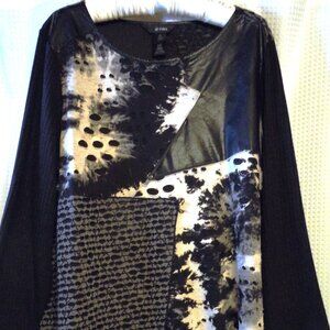 Ali Miles Top Women's 1X Black Cream Distressed Knit Faux Leather Art to Wear
